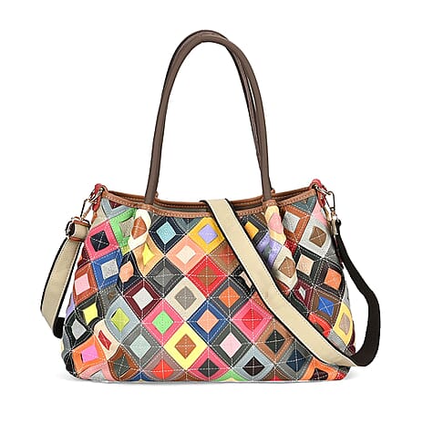 Colour Chaos Couture - Genuine Leather Diamond Tote Bag (Size 39x14x27 cm) - Multi Color & Multicolor