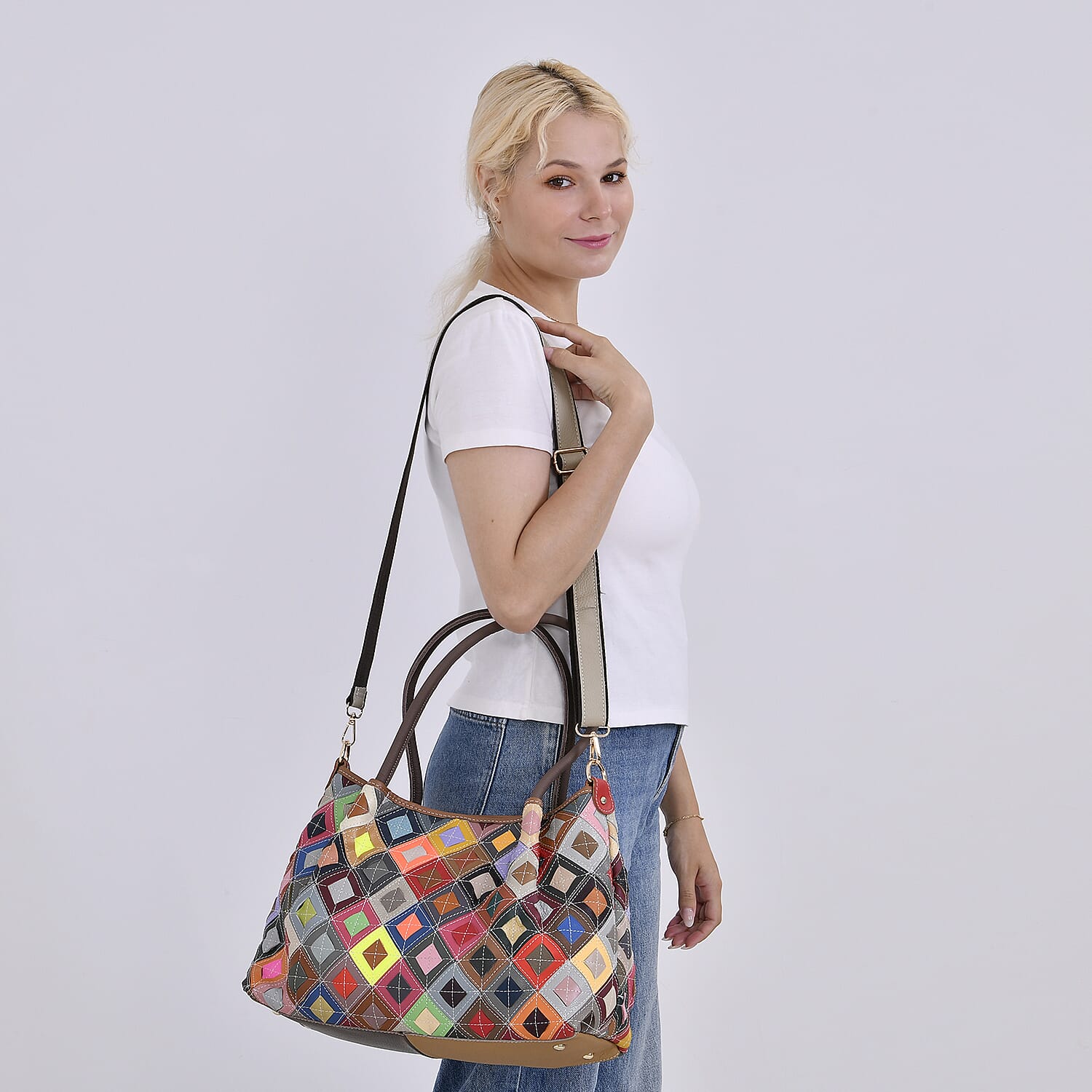 Colour Chaos Couture - Genuine Leather Diamond Tote Bag (Size 39x14x27 cm) - Multi Color & Multicolor