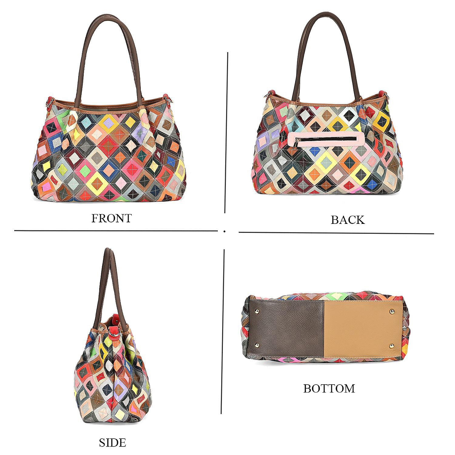 Colour Chaos Couture - Genuine Leather Diamond Tote Bag (Size 39x14x27 cm) - Multi Color & Multicolor