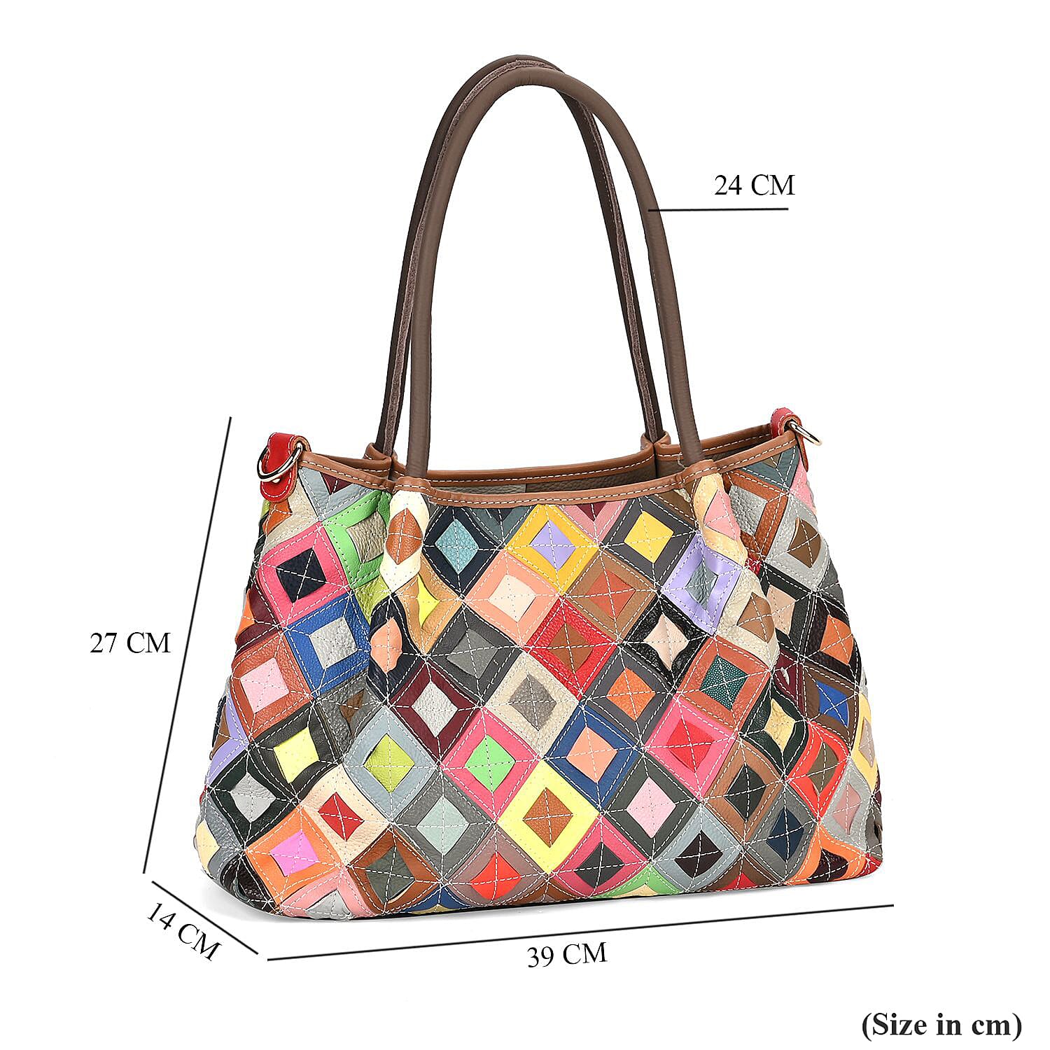 Colour Chaos Couture - Genuine Leather Diamond Tote Bag (Size 39x14x27 cm) - Multi Color & Multicolor