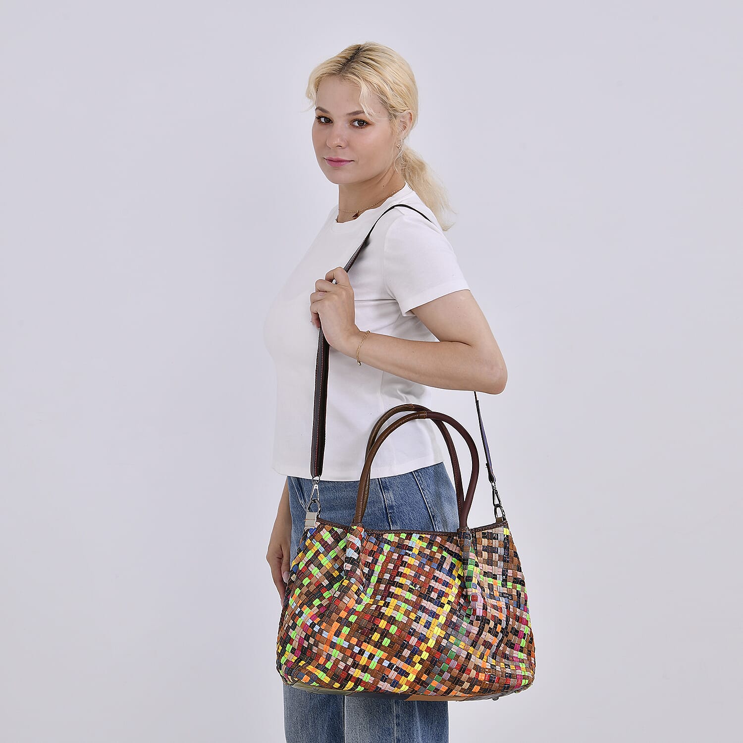 Colour Chaos Couture - Genuine Leather Woven Tote Bag (Size 39x14x27 cm) - Multi Color & Multicolor