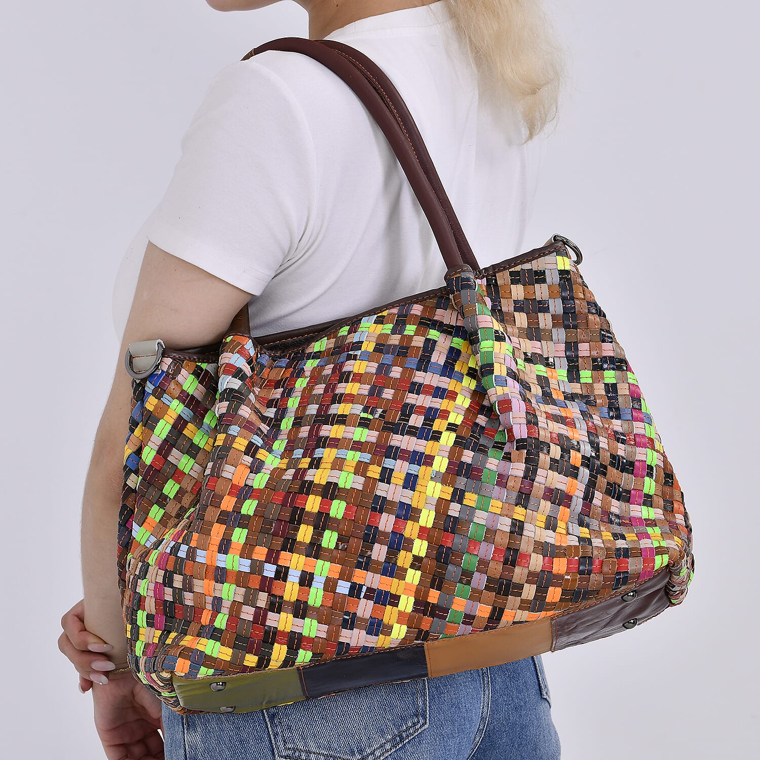 Colour Chaos Couture - Genuine Leather Woven Tote Bag (Size 39x14x27 cm) - Multi Color & Multicolor