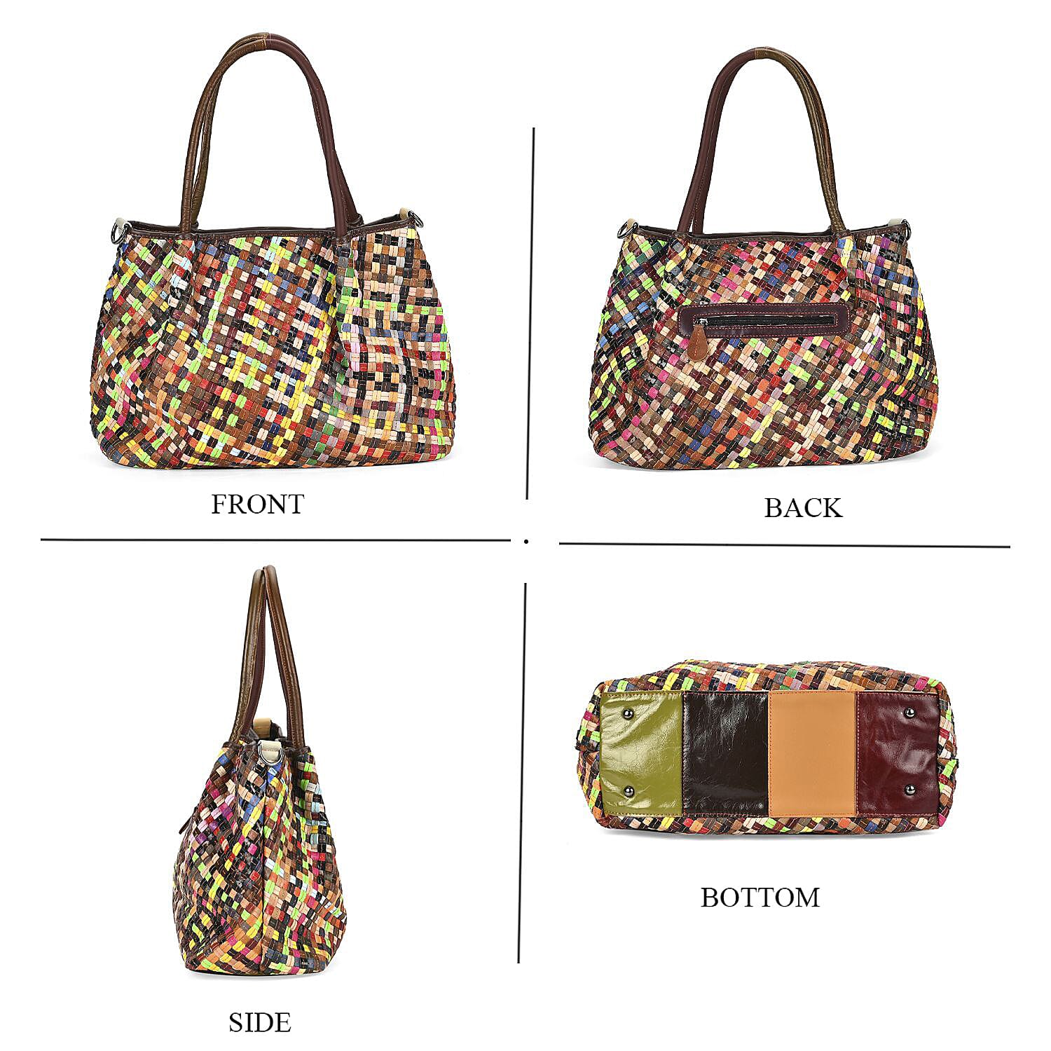 Colour Chaos Couture - Genuine Leather Woven Tote Bag (Size 39x14x27 cm) - Multi Color & Multicolor