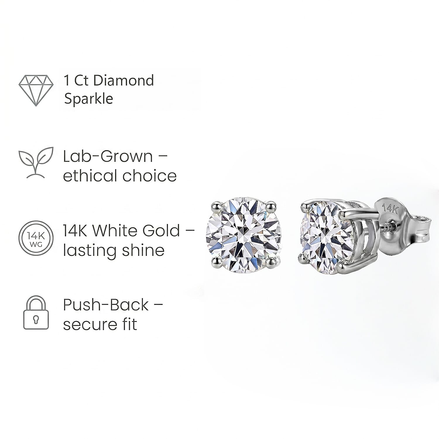 NY Closeout - 14K White Gold SGL Certified Lab Grown Diamond (VS-GH) Stud Push Post Earring 1.00 Ct.