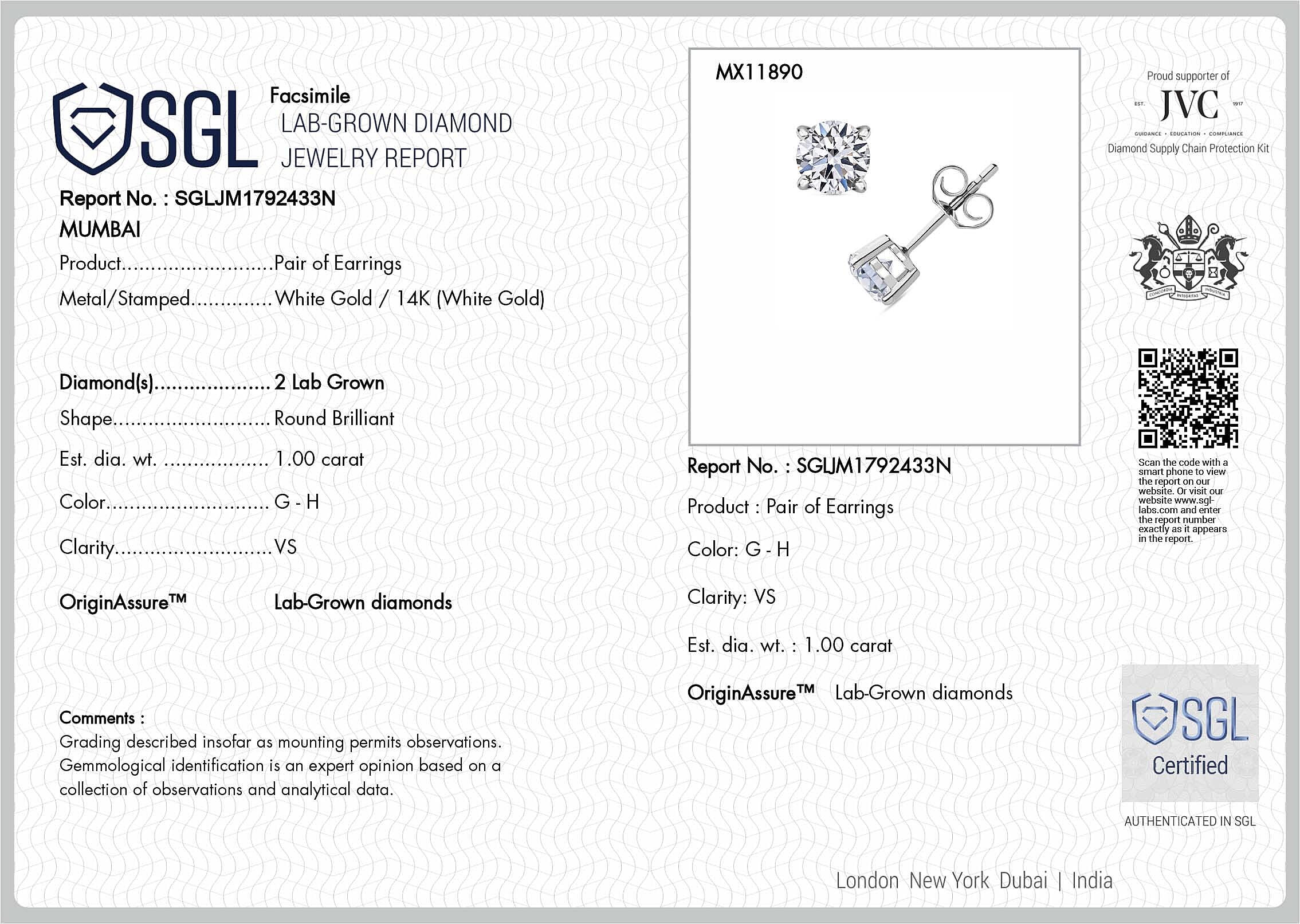 NY Closeout - 14K White Gold SGL Certified Lab Grown Diamond (VS-GH) Stud Push Post Earring 1.00 Ct.