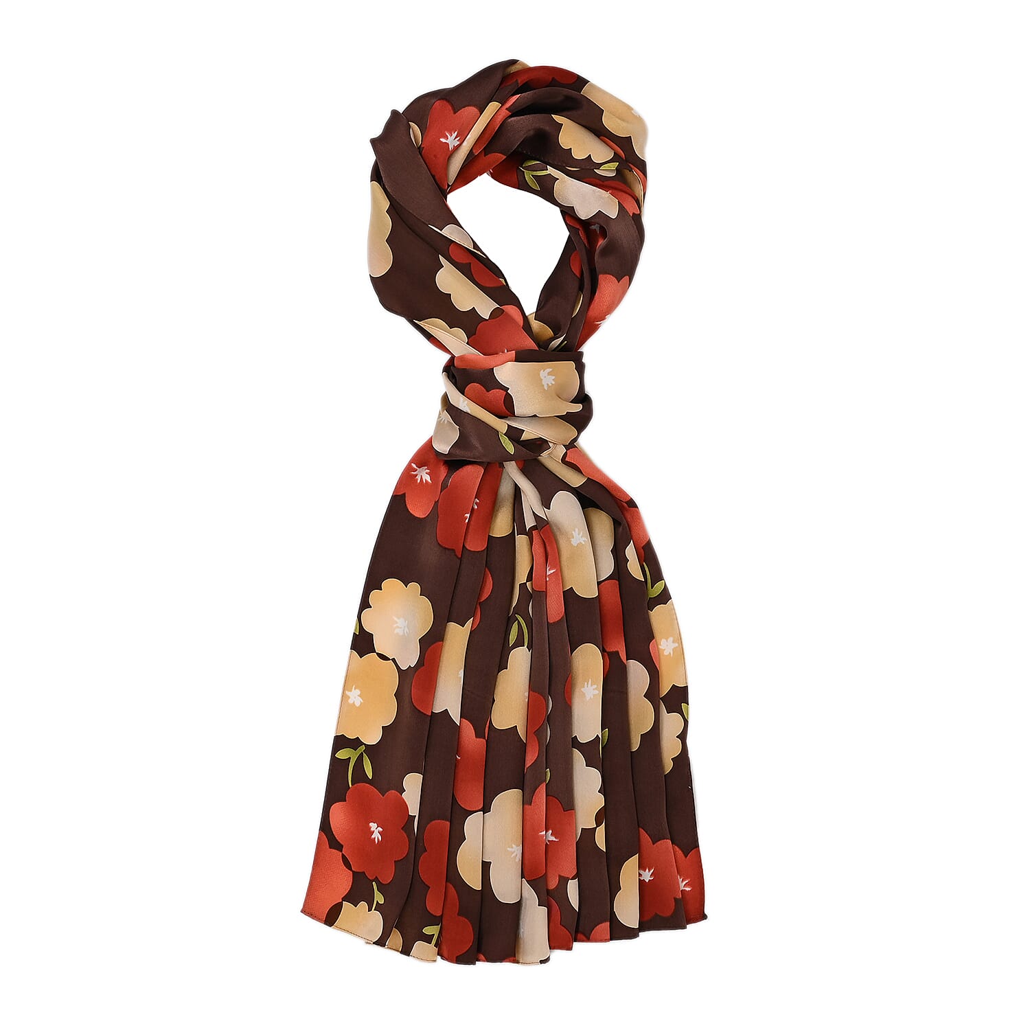 La Marey 100% Mulberry Silk Flower Printed Scarf (Size 170x55 cm) - Brown & Red