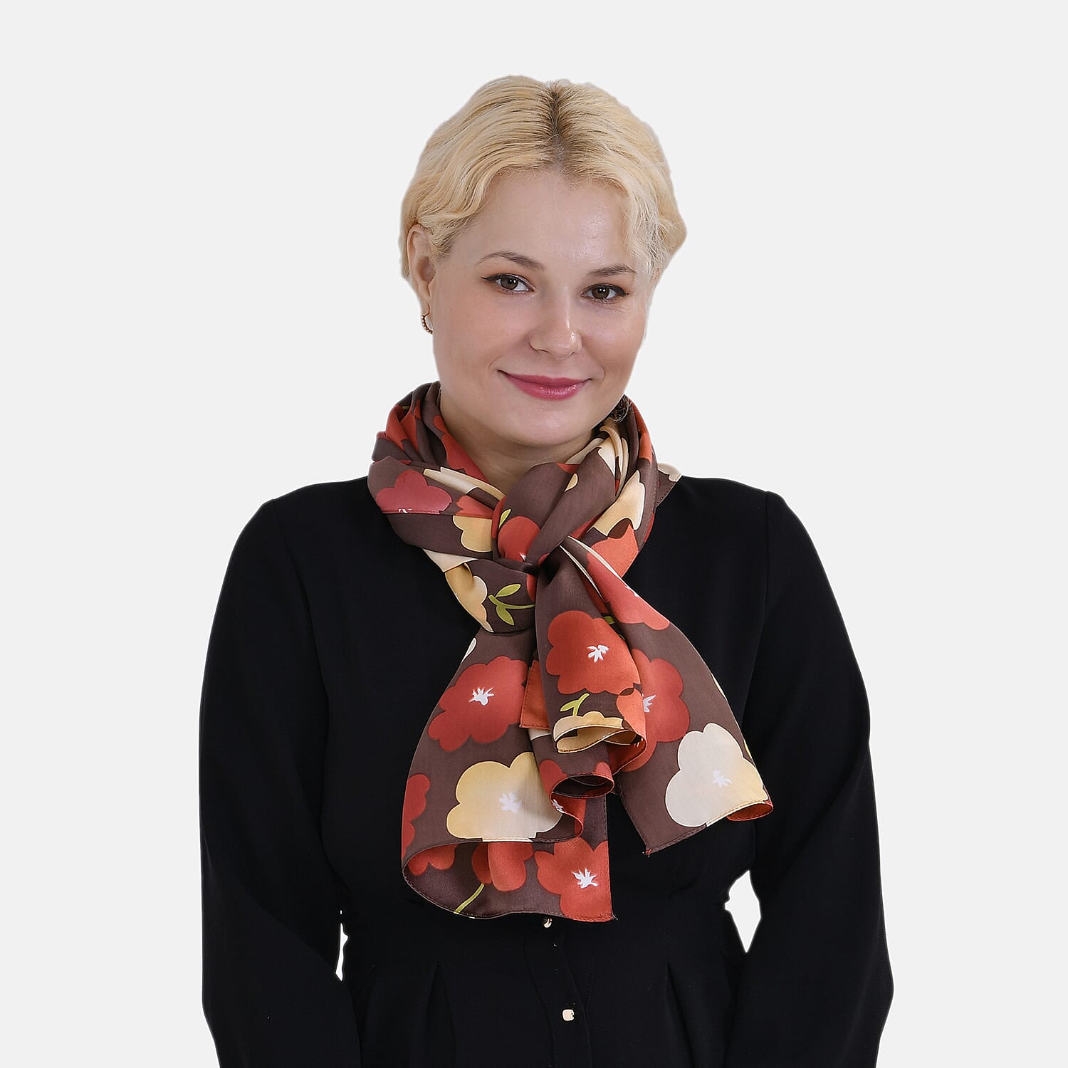 La Marey 100% Mulberry Silk Flower Printed Scarf (Size 170x55 cm) - Brown & Red