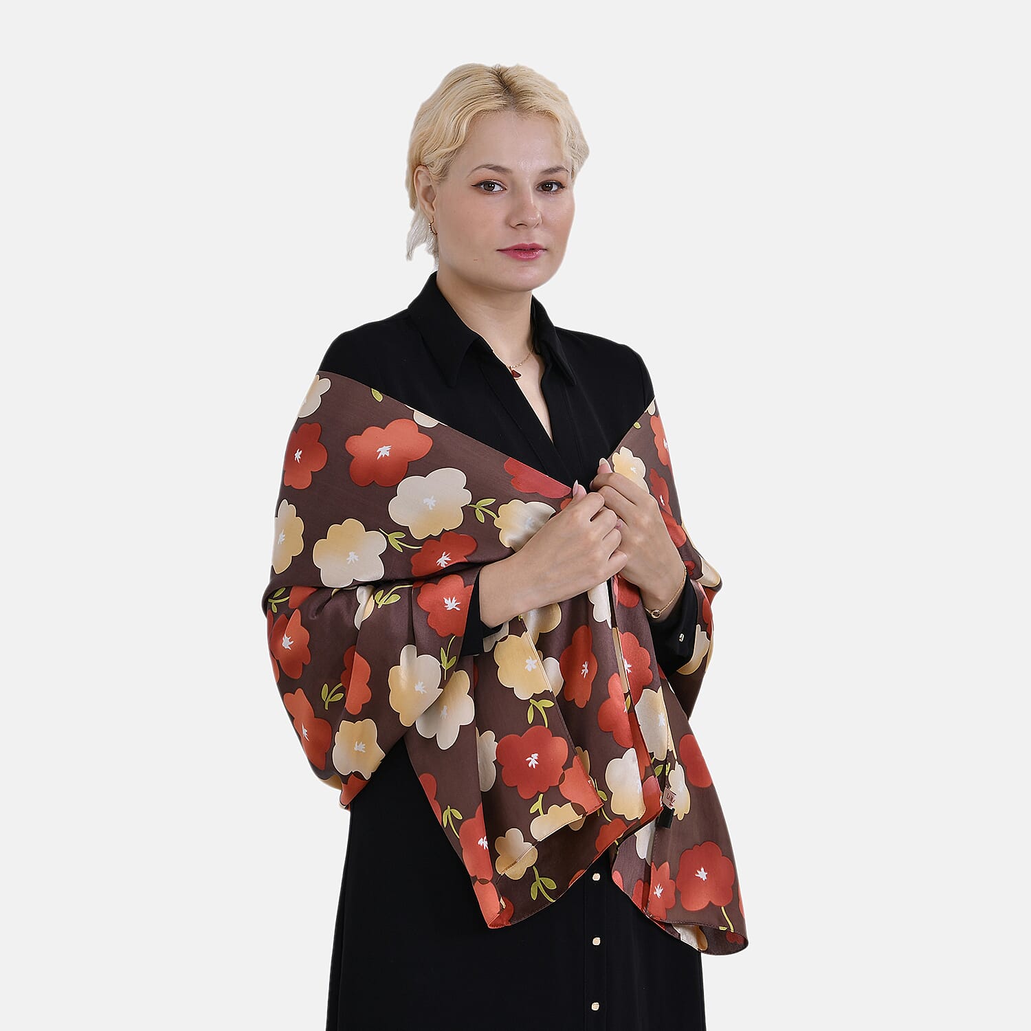 La Marey 100% Mulberry Silk Flower Printed Scarf (Size 170x55 cm) - Brown & Red