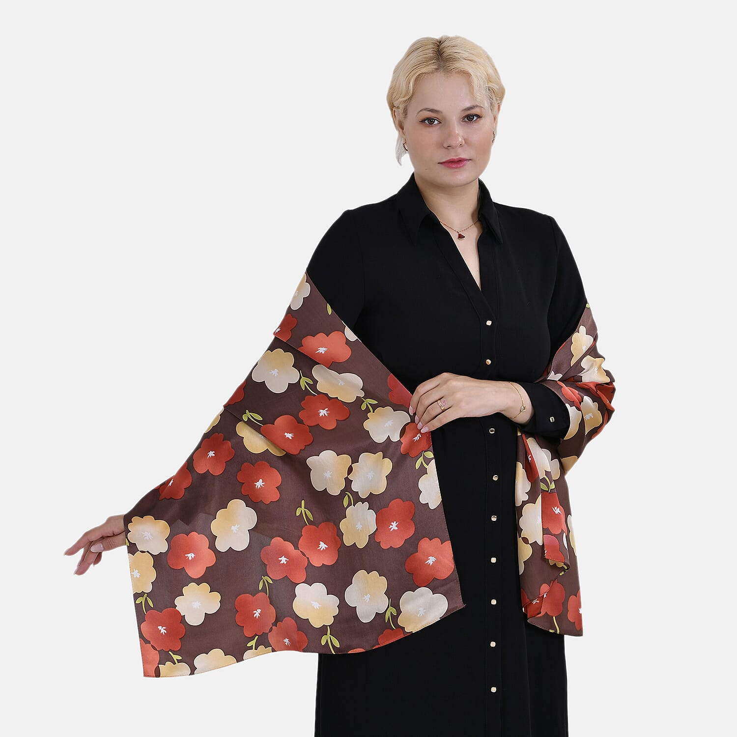 La Marey 100% Mulberry Silk Floral Printed Scarf - Brown & Red