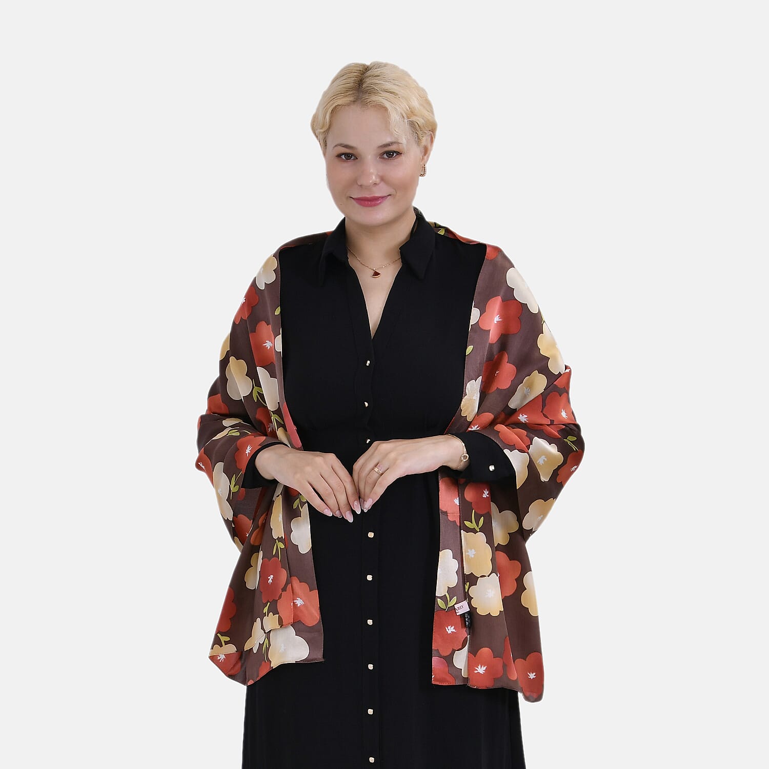 La Marey 100% Mulberry Silk Floral Printed Scarf - Brown & Red