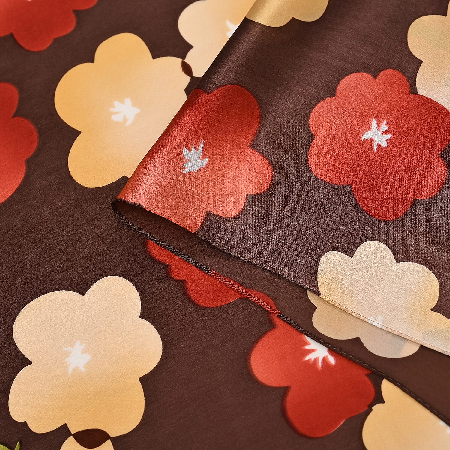 La Marey 100% Mulberry Silk Floral Printed Scarf - Brown & Red