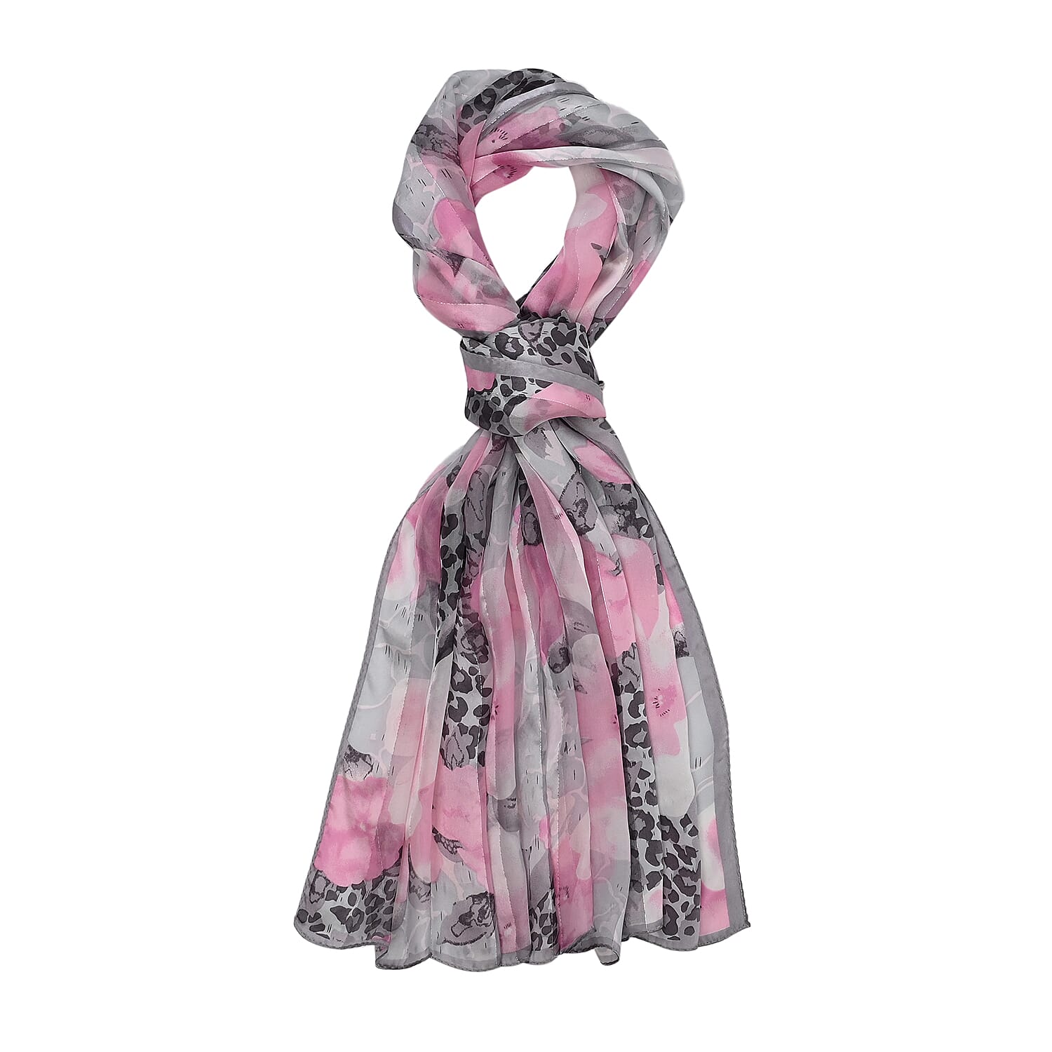 La Marey 100% Mulberry Silk Printed Scarf (Size 170x55 cm) - Leopard Base with Pink Flowers