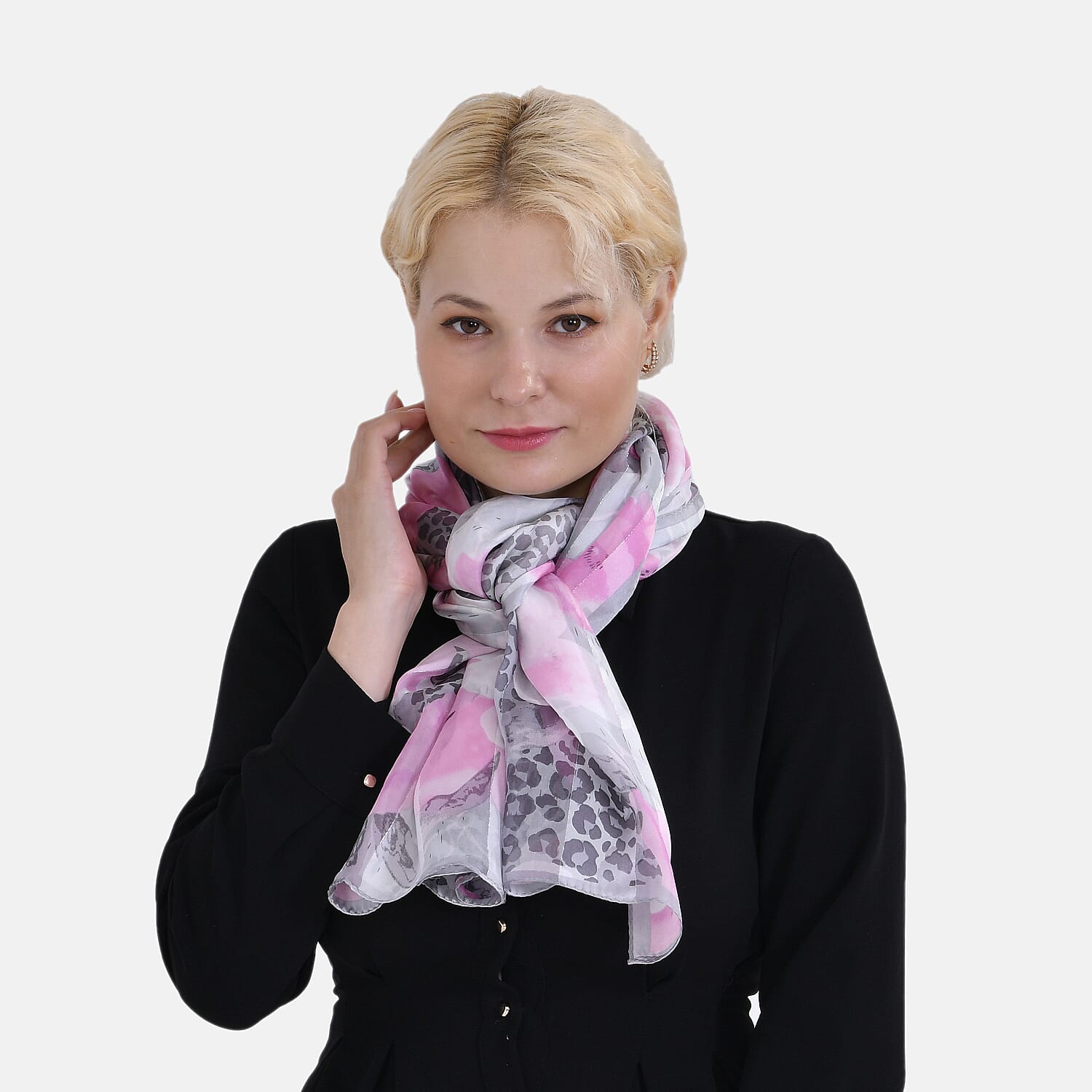 La Marey 100% Mulberry Silk Printed Scarf (Size 170x55 cm) - Leopard Base with Pink Flowers