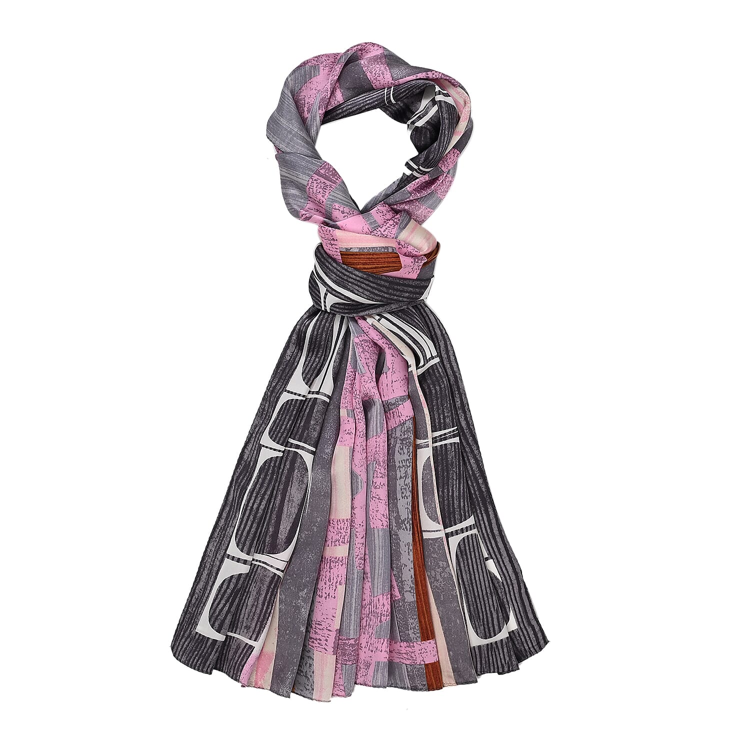 La Marey 100% Mulberry Silk Printed Scarf (Size 170x55 cm) - Grey & Pink