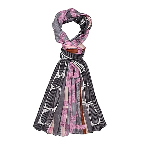 La Marey 100% Mulberry Silk Printed Scarf (Size 170x55 cm) - Grey - Pink