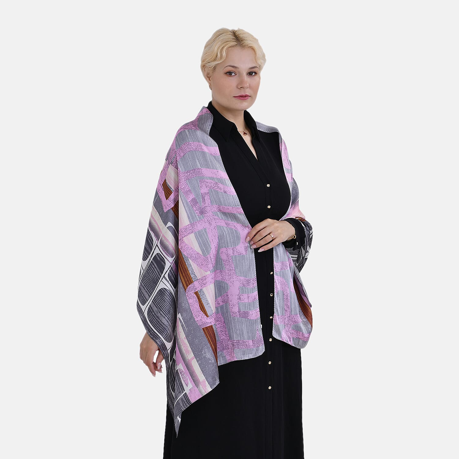 La Marey 100% Mulberry Silk Printed Scarf (Size 170x55cm) - Grey & Pink