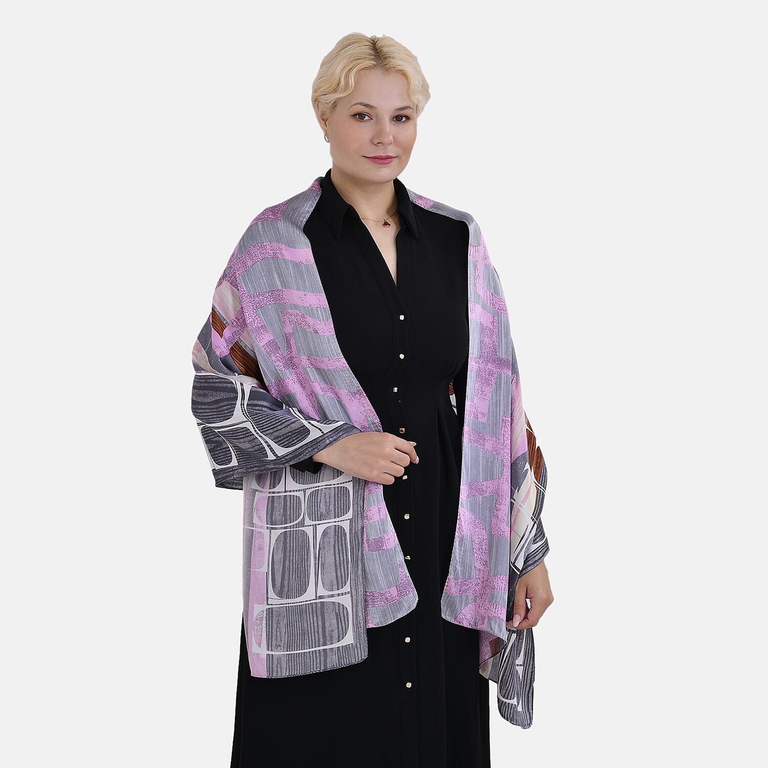 La Marey 100% Mulberry Silk Printed Scarf (Size 170x55cm) - Grey & Pink