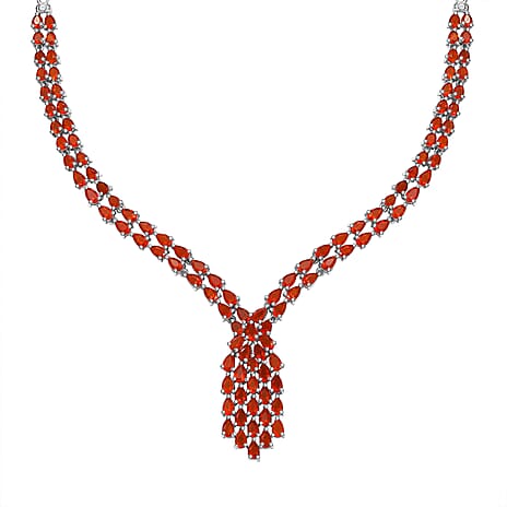 Salamanca Fire Opal Necklace (Size - 20) in Rhodium Overlay Sterling Silver 14.78 Ct, Silver Wt. 18.68 Gms