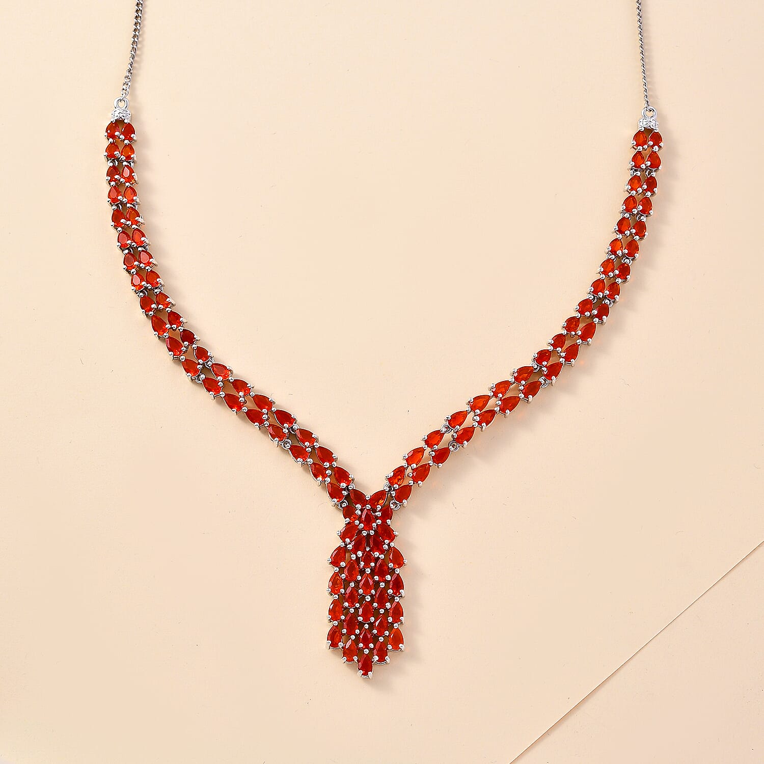 Natural Salamanca Fire Opal Necklace (Size - 20) in Rhodium Overlay Sterling Silver 14.78 Ct, Silver Wt. 18.68 Gms
