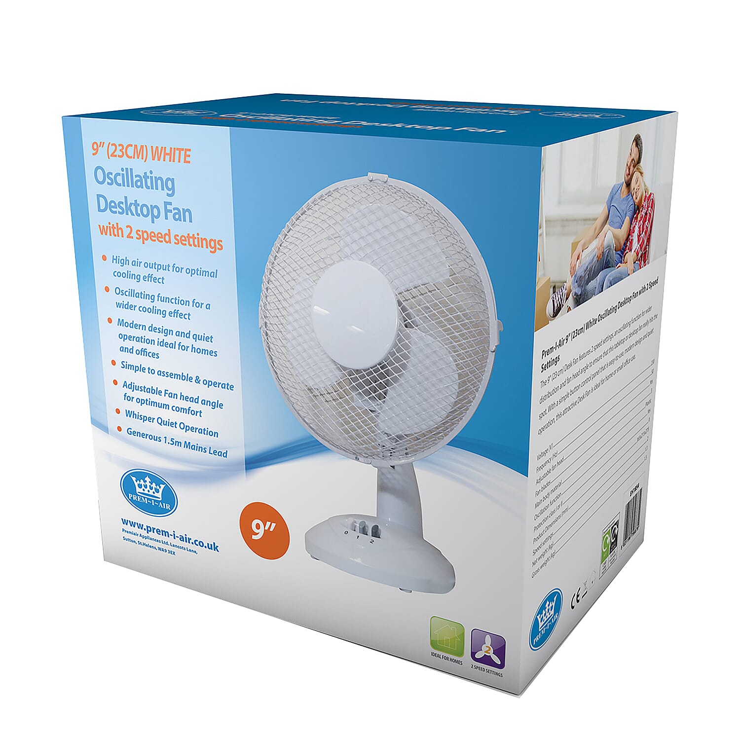 The Prem-I-Air 9Inch (23 cm) Oscillating Desktop Fan with 2 Speed Settings - White