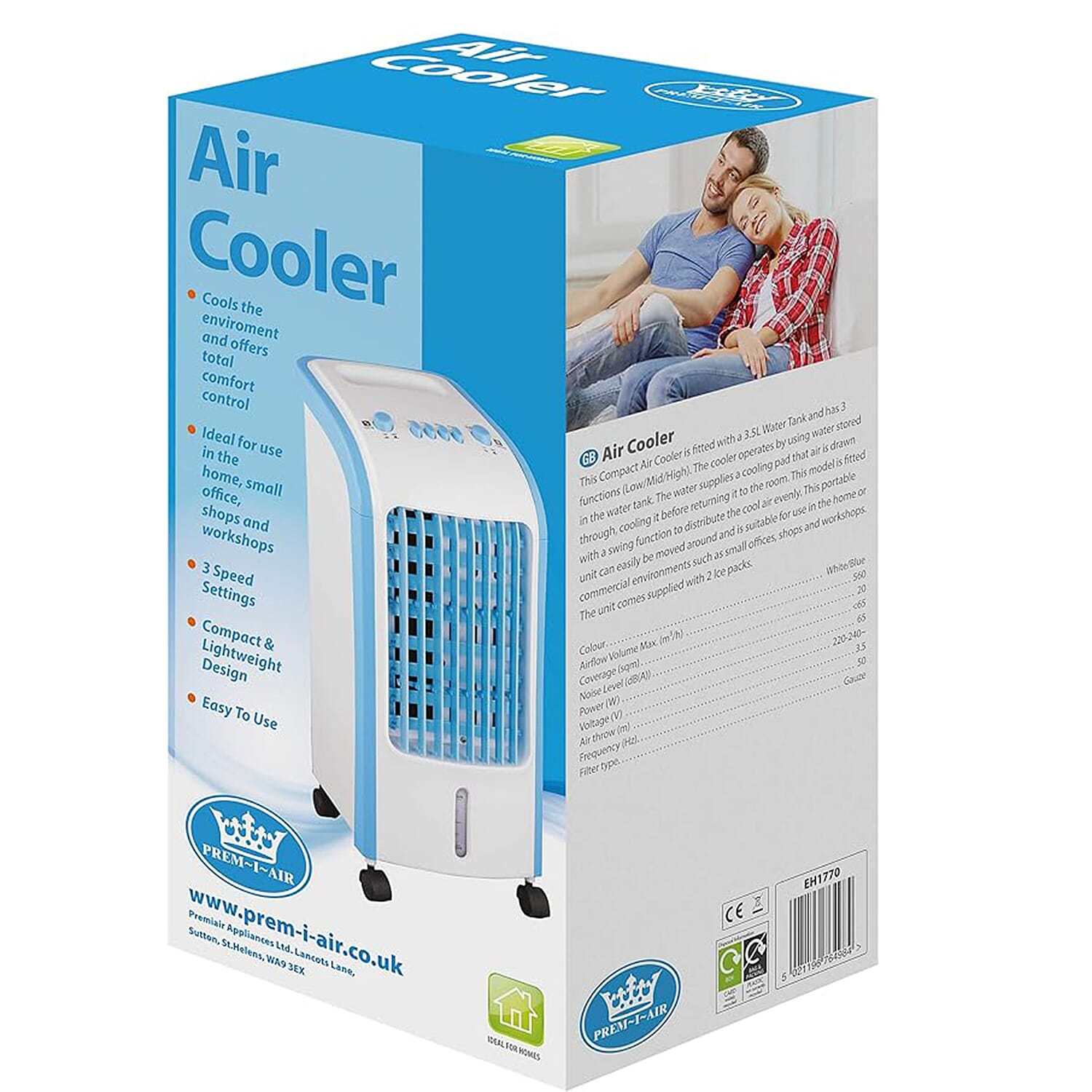 Prem-I-Air Air Cooler with 3 Speed Settings (3.5L Water Tank) - White