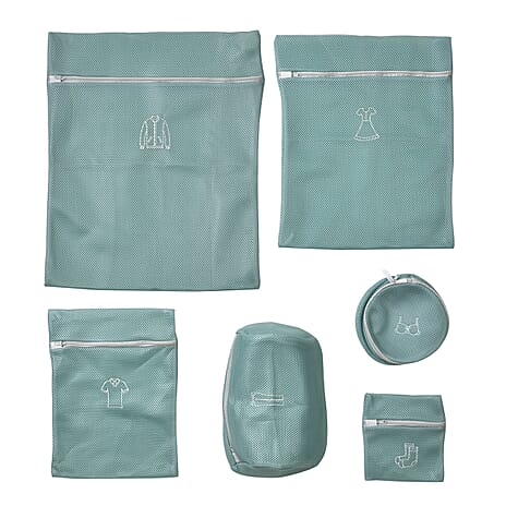 Set of 6 Embroidered Machine Laundry Bags- 1 extra large size(50x60cm), 1 large size(40x50cm), 1 medium size(30x40cm), 1 bra bag(16x18cm), 1 large round bag(20x30cm) - Green