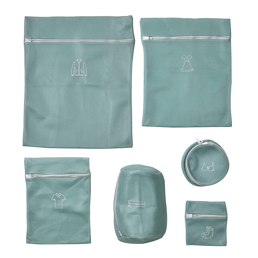 Set of 6 Embroidered Machine Laundry Bags- 1 extra large size(50x60cm) 1 large size(40x50cm) 1 medium size(30x40cm) 1 bra bag(16x18cm) 1 large round bag(20x30cm) - Green