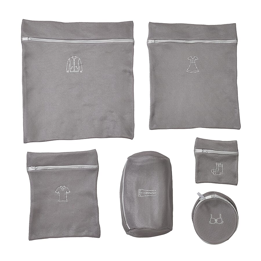 Set of 6 Embroidered Machine Laundry Bags- 1 extra large size(50x60cm) 1 large size(40x50cm) 1 medium size(30x40cm) 1 bra bag(16x18cm) 1 large round bag(20x30cm) - Grey