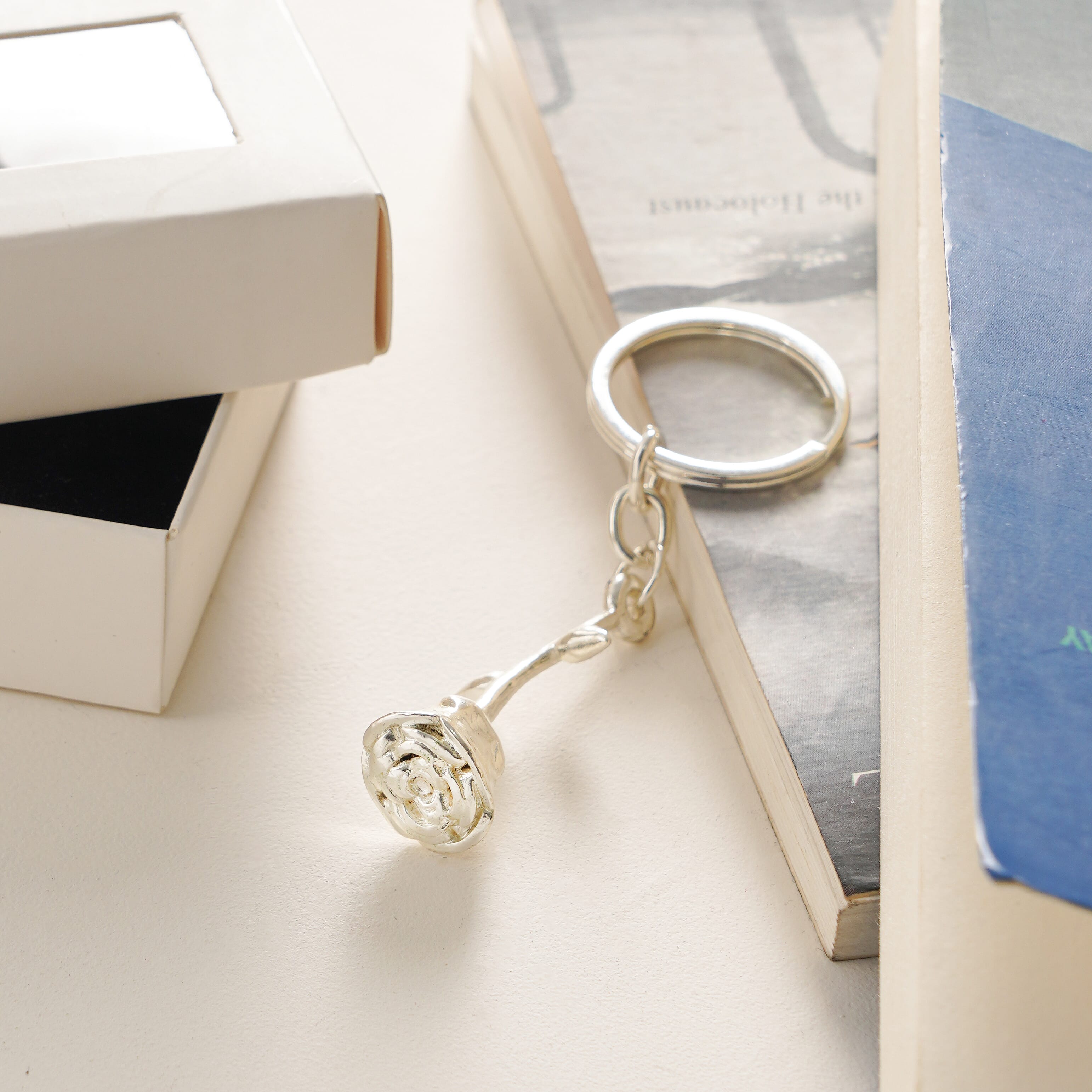 Rose Keychain in Silver Tone