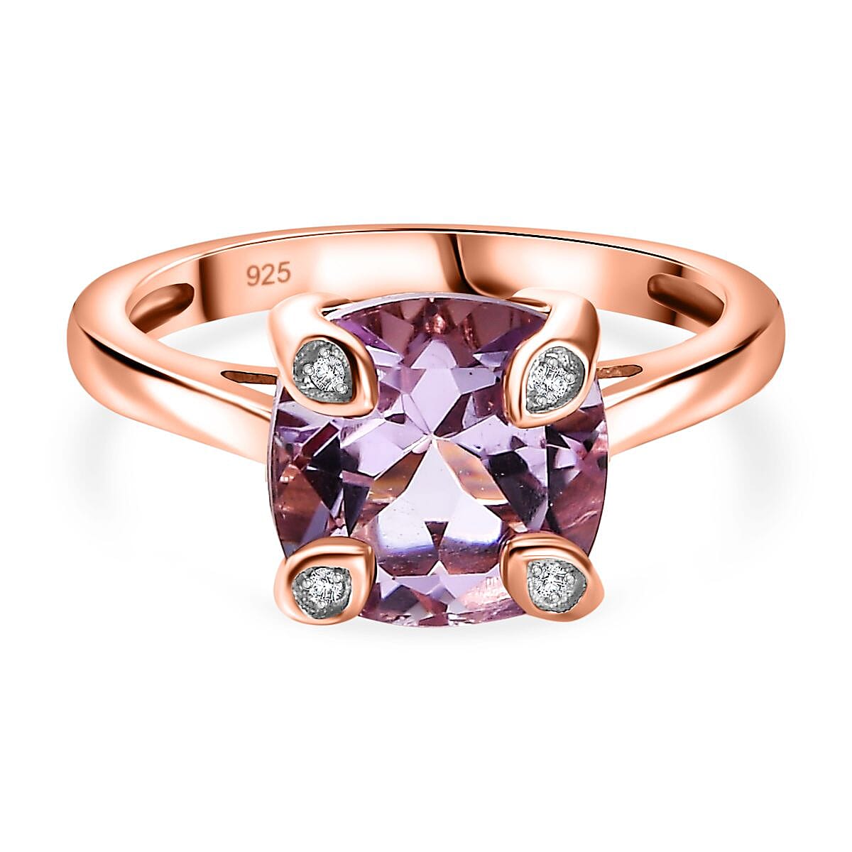 Pink Amethyst & White Zircon Solitaire Ring in 14K RG Overlay Sterling Silver 2.67 Ct.