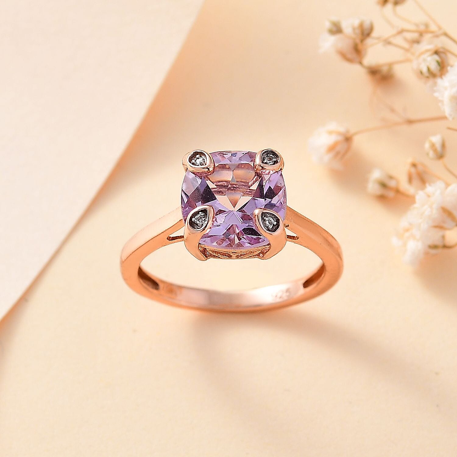 Pink Amethyst & White Zircon Solitaire Ring in 14K RG Overlay Sterling Silver 2.67 Ct.