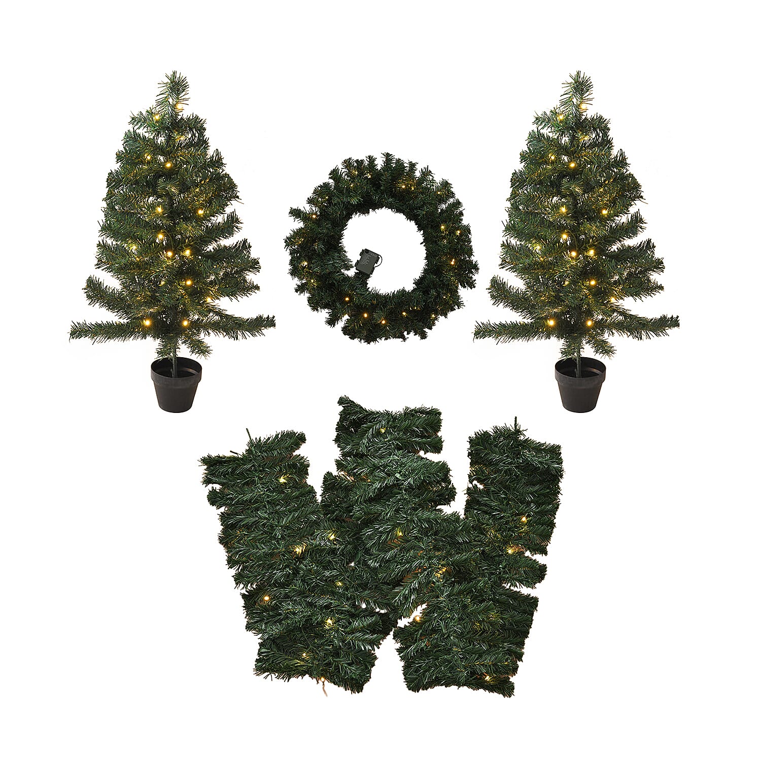 4 Piece Set- 2 LED Christmas Trees With Plant Pots (90CM), LED Wreath (60CM) and LED Garland (270CM)