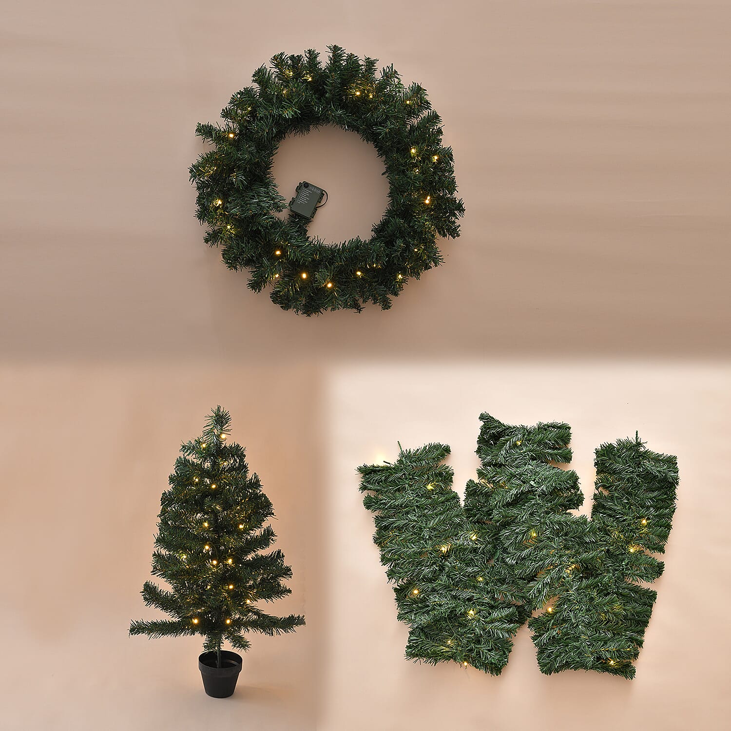 4 Piece Set- 2 LED Christmas Trees With Plant Pots (90CM), LED Wreath (60CM) and LED Garland (270CM)