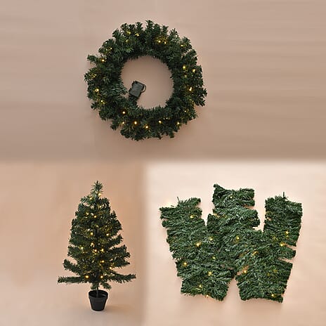 4 Piece Set- 2 LED Christmas Trees With Plant Pots (90CM), LED Wreath (60CM) and LED Garland (270CM)