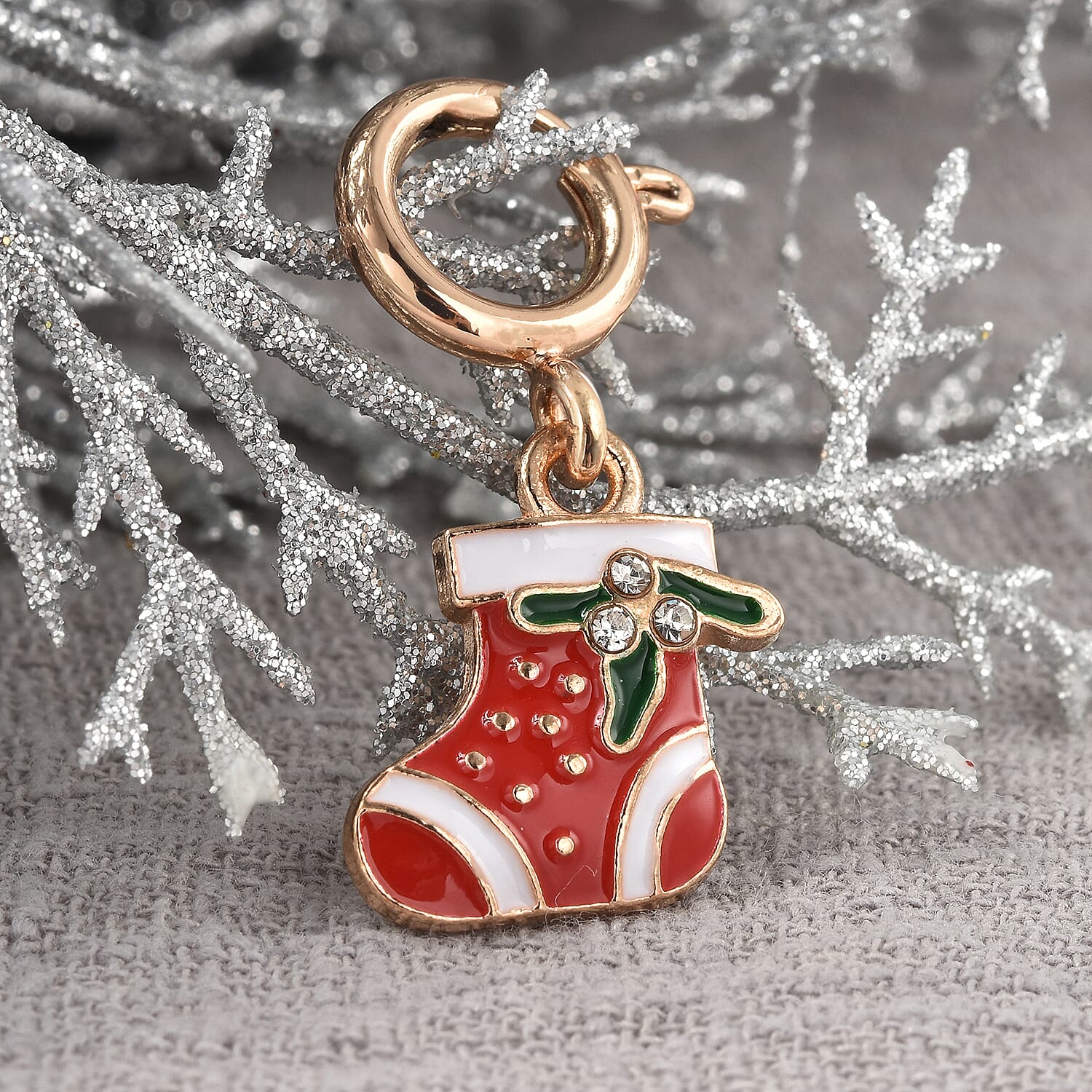 Christmas Theme Multi Purpose White Austrian Crystal Enamelled Charm in Yellow Gold Tone
