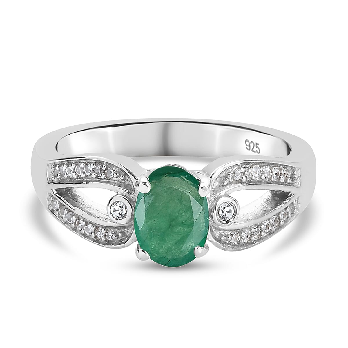 Santa Terezinha AAA Emerald & Natural Zircon Ring in Platinum Overlay Sterling Silver