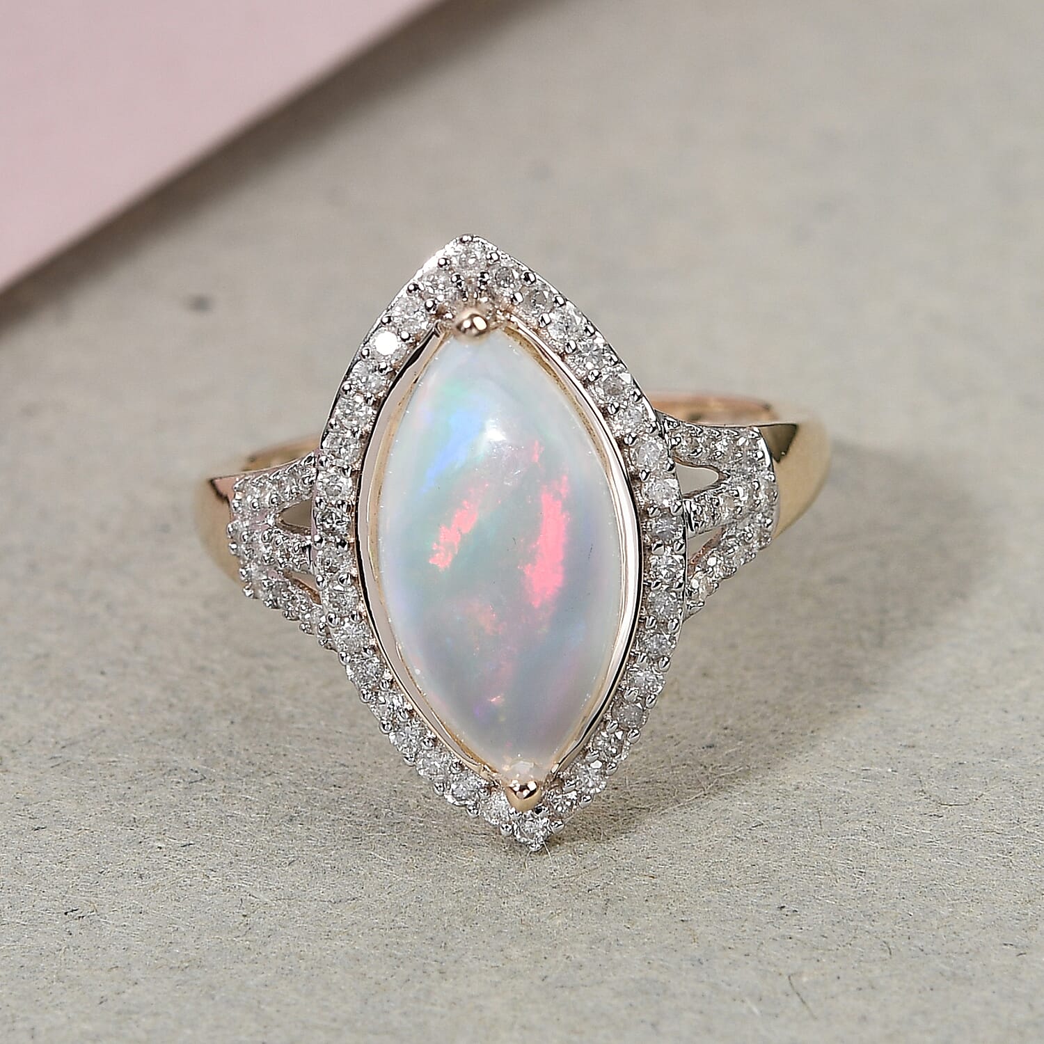 9K Yellow Gold AAA Natural Ethiopian Welo Opal and Diamond Ring 2.30 Ct.