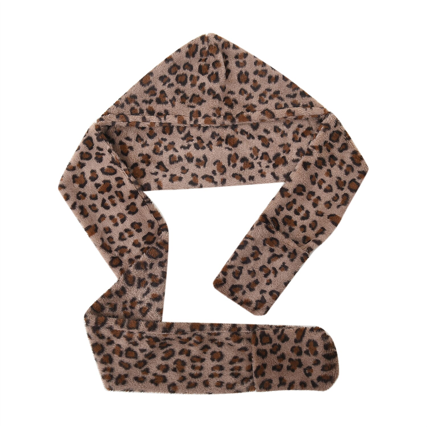 Leopard Pattern Faux Fur Hooded Scarf (Size 215x13cm) - Dark Brown