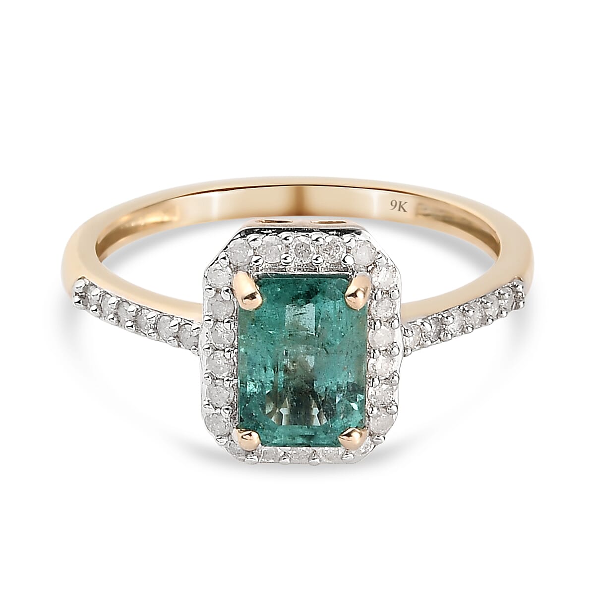 9K Yellow Gold AA Kagem Zambian Emerald and Diamond Halo Ring 1.20 Ct.