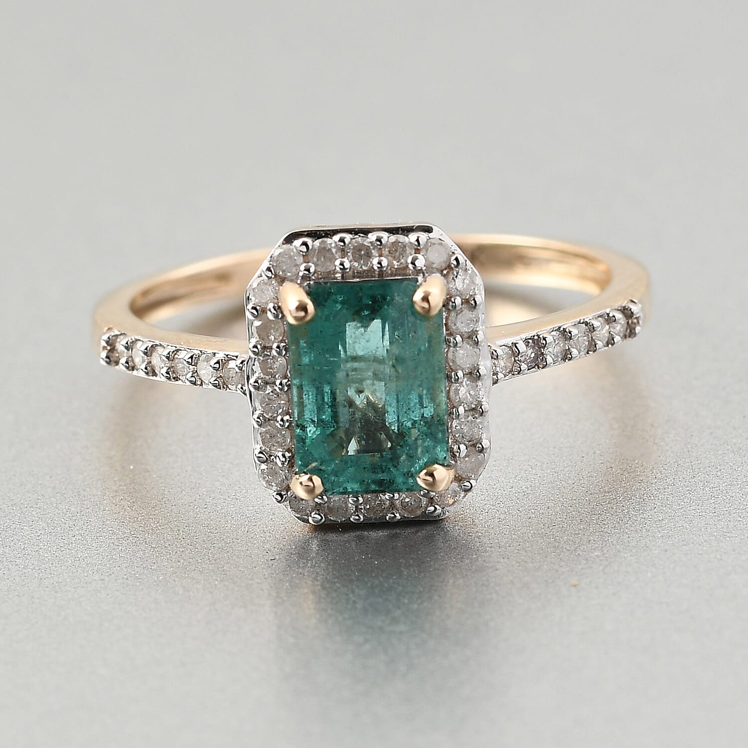 9K Yellow Gold AA Kagem Zambian Emerald and Diamond Halo Ring 1.20 Ct.