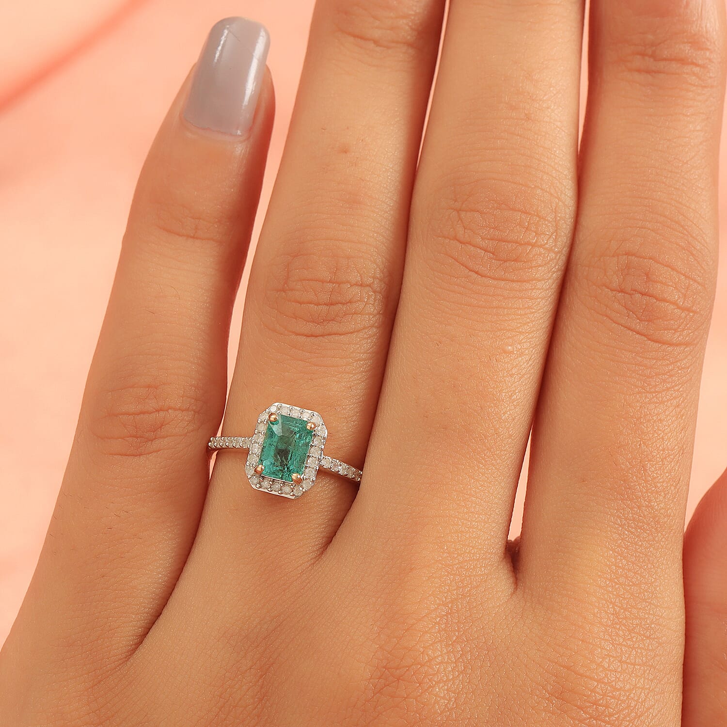 9K Yellow Gold AA Kagem Zambian Emerald and Diamond Halo Ring 1.20 Ct.