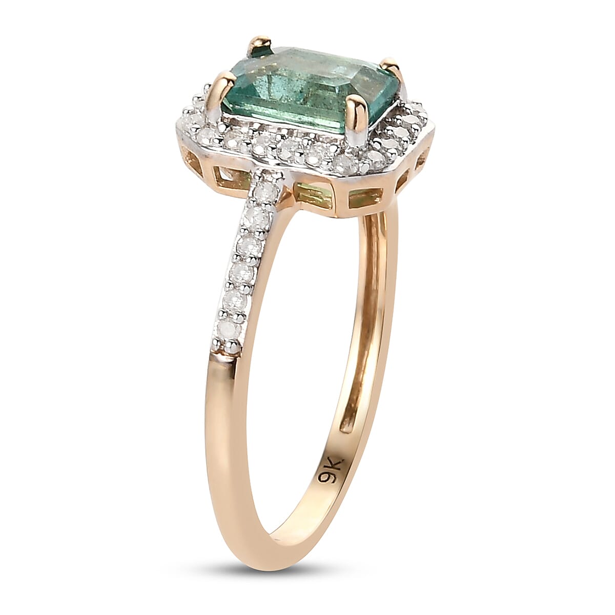 9K Yellow Gold AA Kagem Zambian Emerald and Diamond Halo Ring 1.20 Ct.