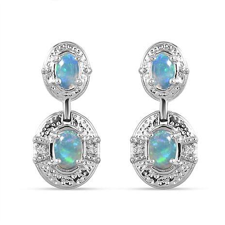 Ethiopian Welo Opal and Natural Cambodian Zircon Earrings (with Push Back) in Platinum Overlay Sterling Silver 1.18 Ct.