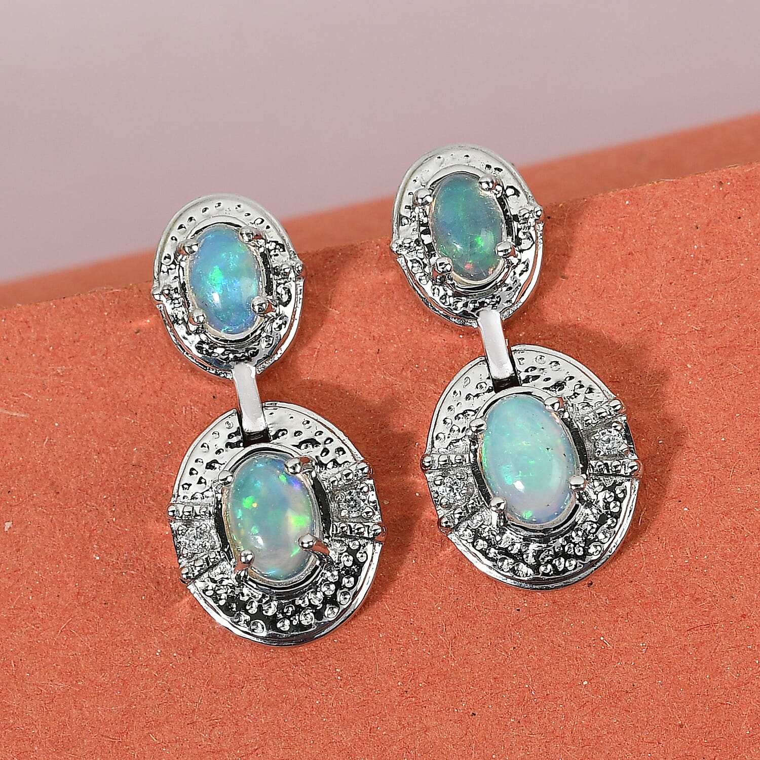 Ethiopian Welo Opal and Natural Cambodian Zircon Earrings (with Push Back) in Platinum Overlay Sterling Silver 1.18 Ct.