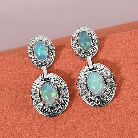Ethiopian Welo Opal and Natural Cambodian Zircon Earrings (with Push Back) in Platinum Overlay Sterling Silver 1.18 Ct.