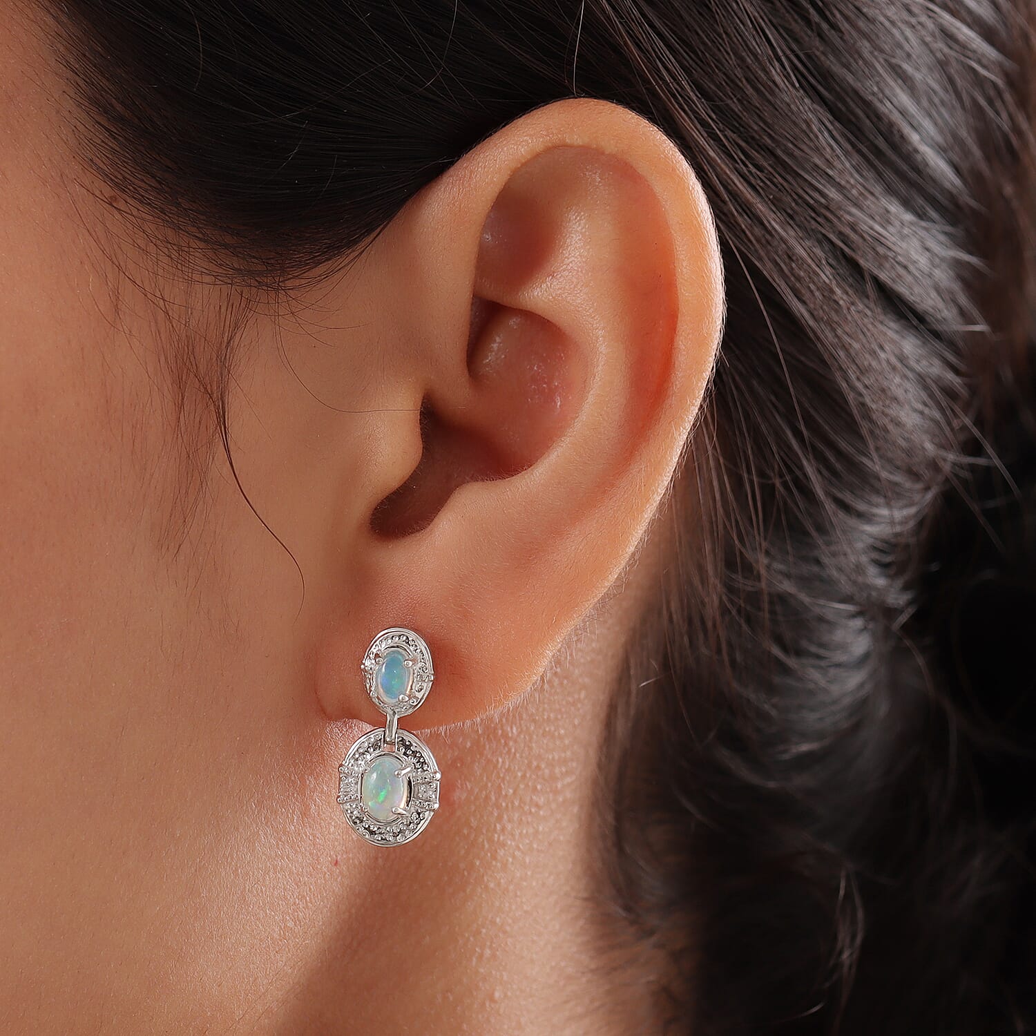 Ethiopian Welo Opal and Natural Cambodian Zircon Earrings (with Push Back) in Platinum Overlay Sterling Silver 1.18 Ct.