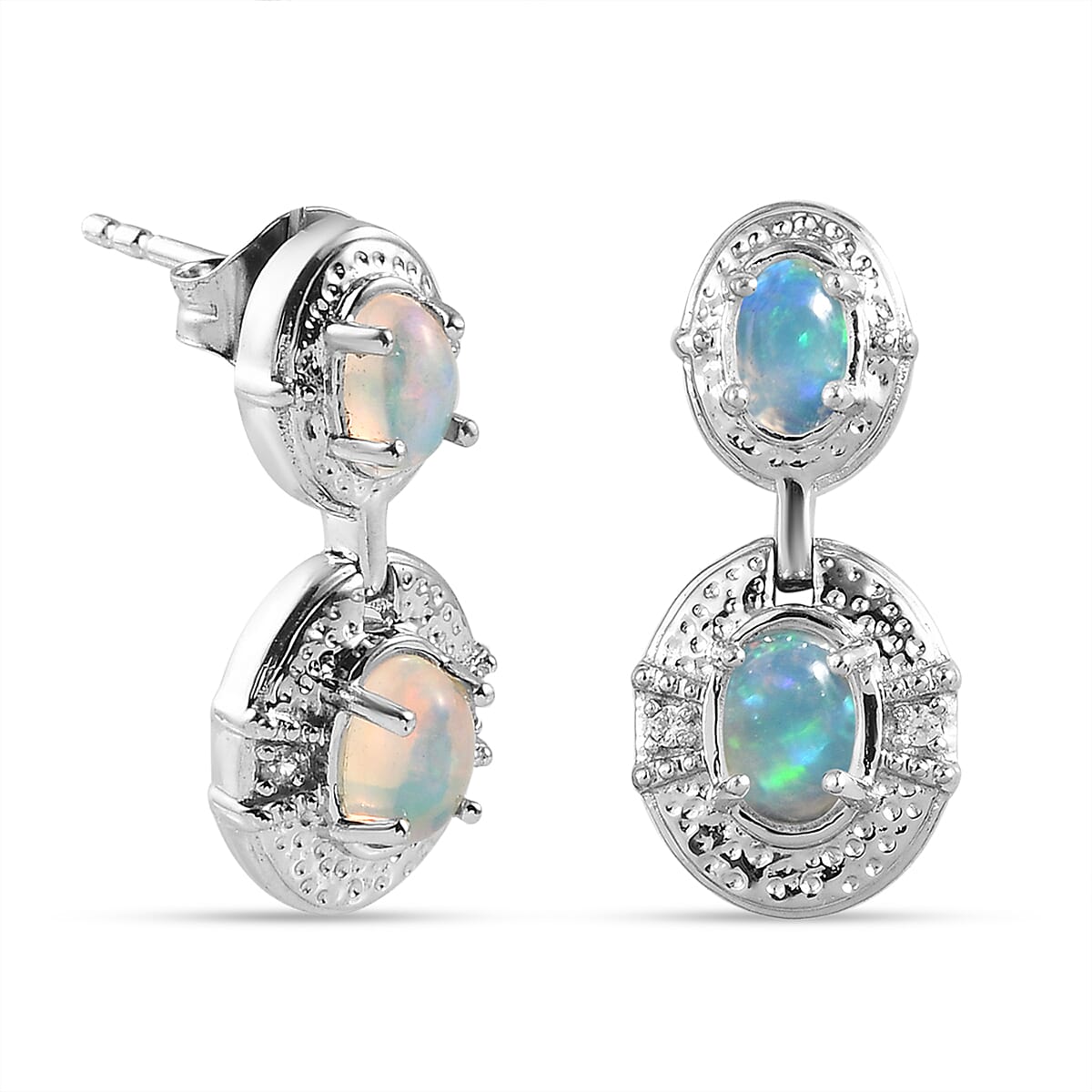 Ethiopian Welo Opal and Natural Cambodian Zircon Earrings (with Push Back) in Platinum Overlay Sterling Silver 1.18 Ct.