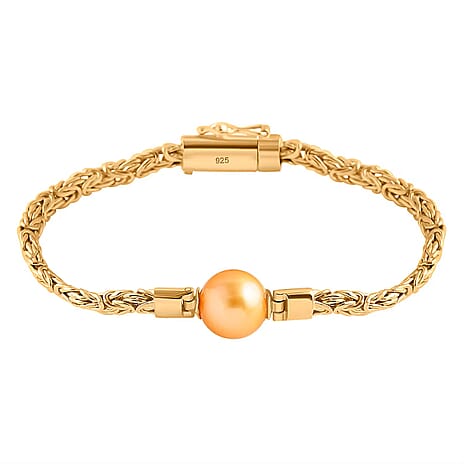 Golden South Sea Pearl Byzantine Bracelet With Clasp (Size - 7.5) YG Vermeil Sterling Silver