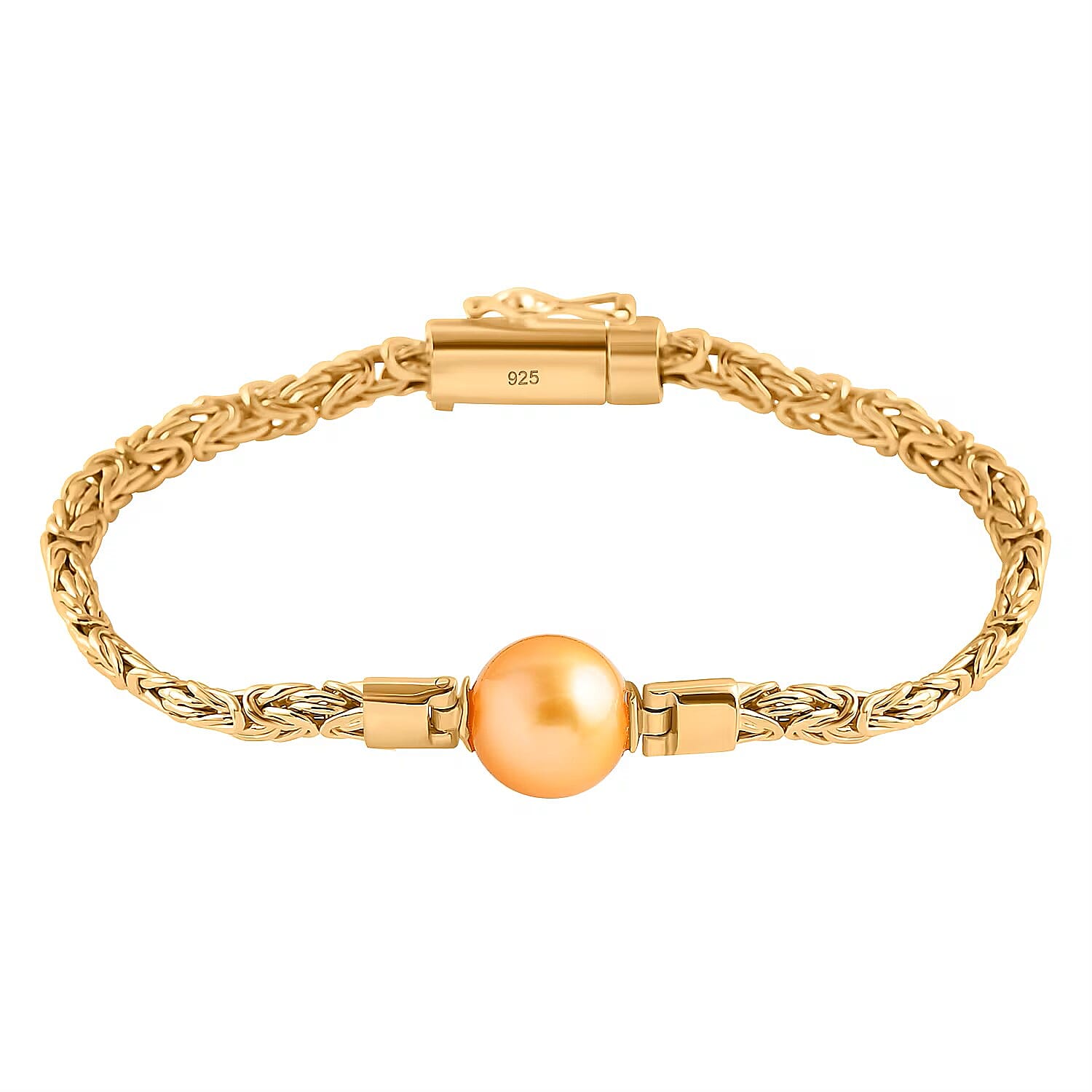 First Time Ever - Golden South Sea Pearl (11-12mm) Byzantine Bracelet (Size - 7) With Lab Grown Diamond YG Vermeil Sterling Silver First Time Ever - Golden South Sea Pearl (11-12mm) Byzantine Bracelet (Size - 7) With Lab Grown Diamond YG Vermeil Sterling Silver