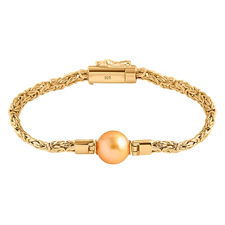Golden South Sea Pearl Byzantine Bracelet With Clasp (Size - 7.5) YG Vermeil Sterling Silver